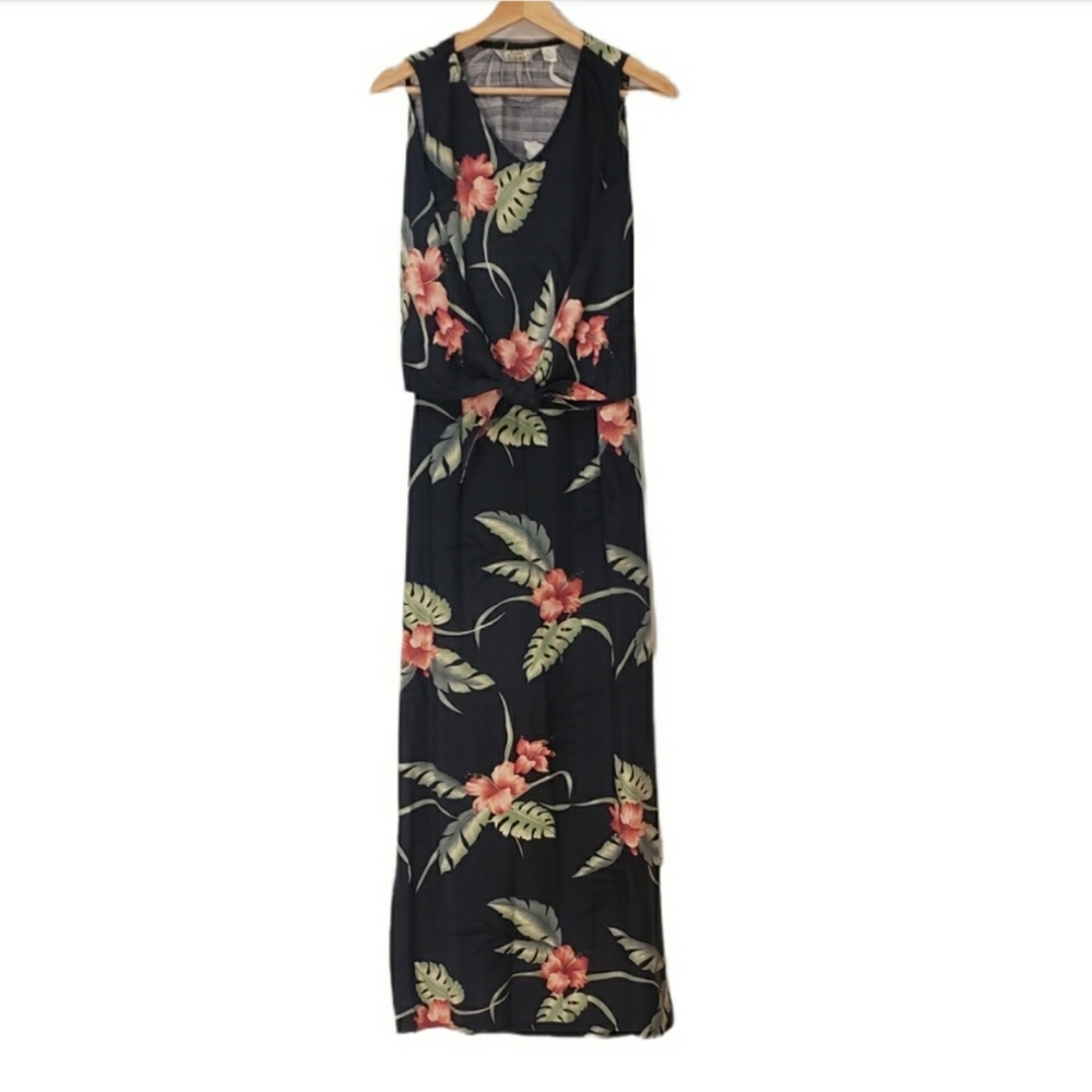 Vintage Tommy Bahama Silk Floral Hawaiian Wrap Tie Haltar Maxi Dress Sz 10